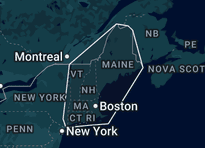Map of Limitless Auto's service area, covering Massachusetts and nearby states